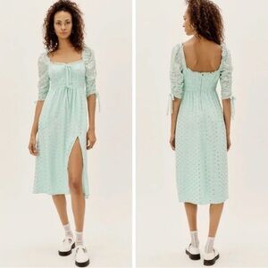 For Love And Lemons Sea foamMidi Sundress with Puff Sleeves and Square Neck